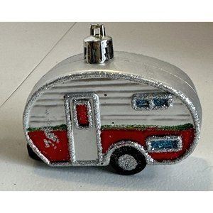 Old World TRAVEL TRAILER ORNAMENT Hang Silver Motor Hand Painted Truck Plastic